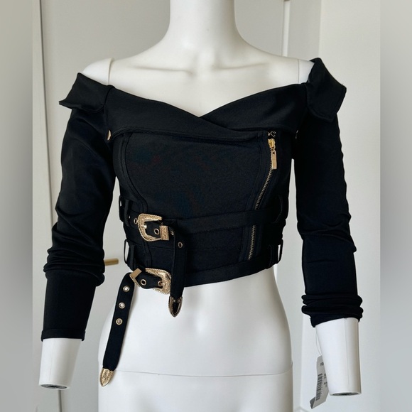 Wow Couture Black Off-Shoulder Belted Long Sleeves Bondage Top Gold Accents - Picture 1 of 13